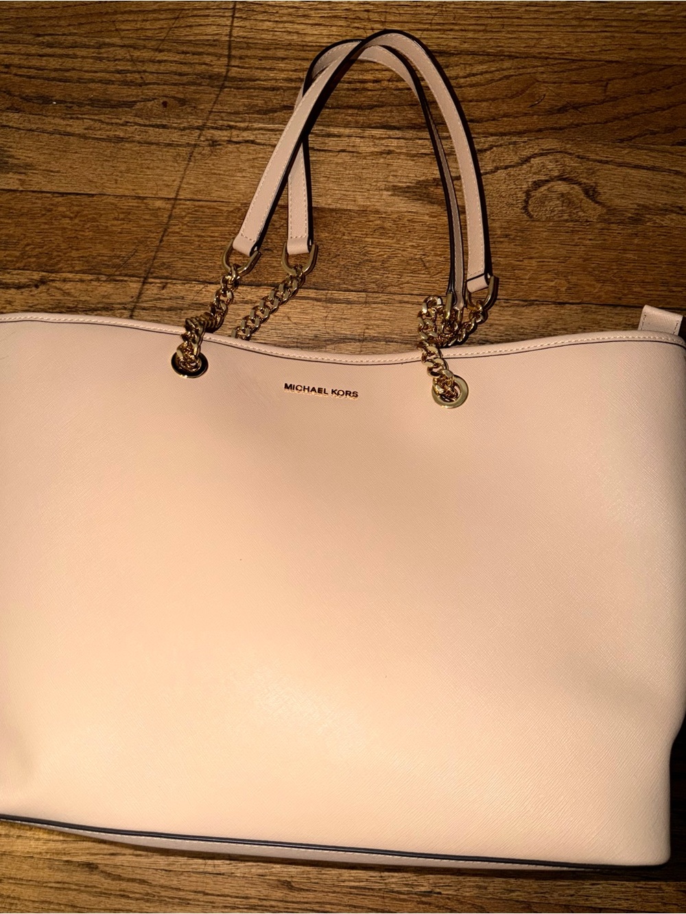 Michael Kors Light Pink Jet set travel tote with chain.